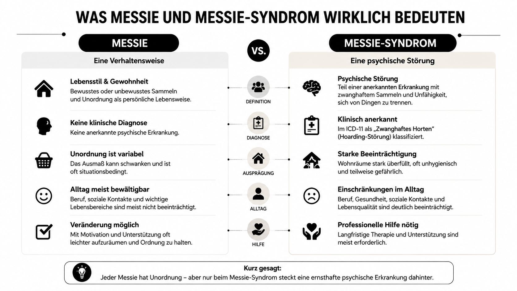 Eine Infografik, die die Unterschiede zwischen einem Messie als Lebensstil und dem klinischen Messie-Syndrom gegenüberstellt.