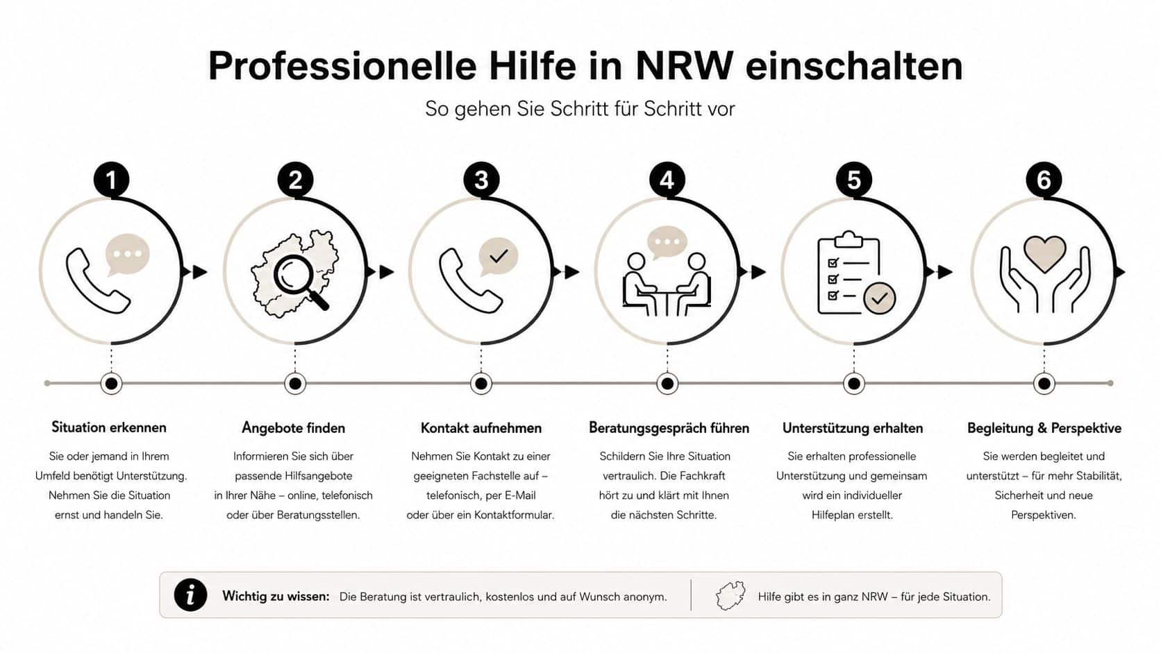 Sechs Schritte zur professionellen Hilfe in NRW, dargestellt als Prozess von der Situationserkennung bis zur Begleitung.