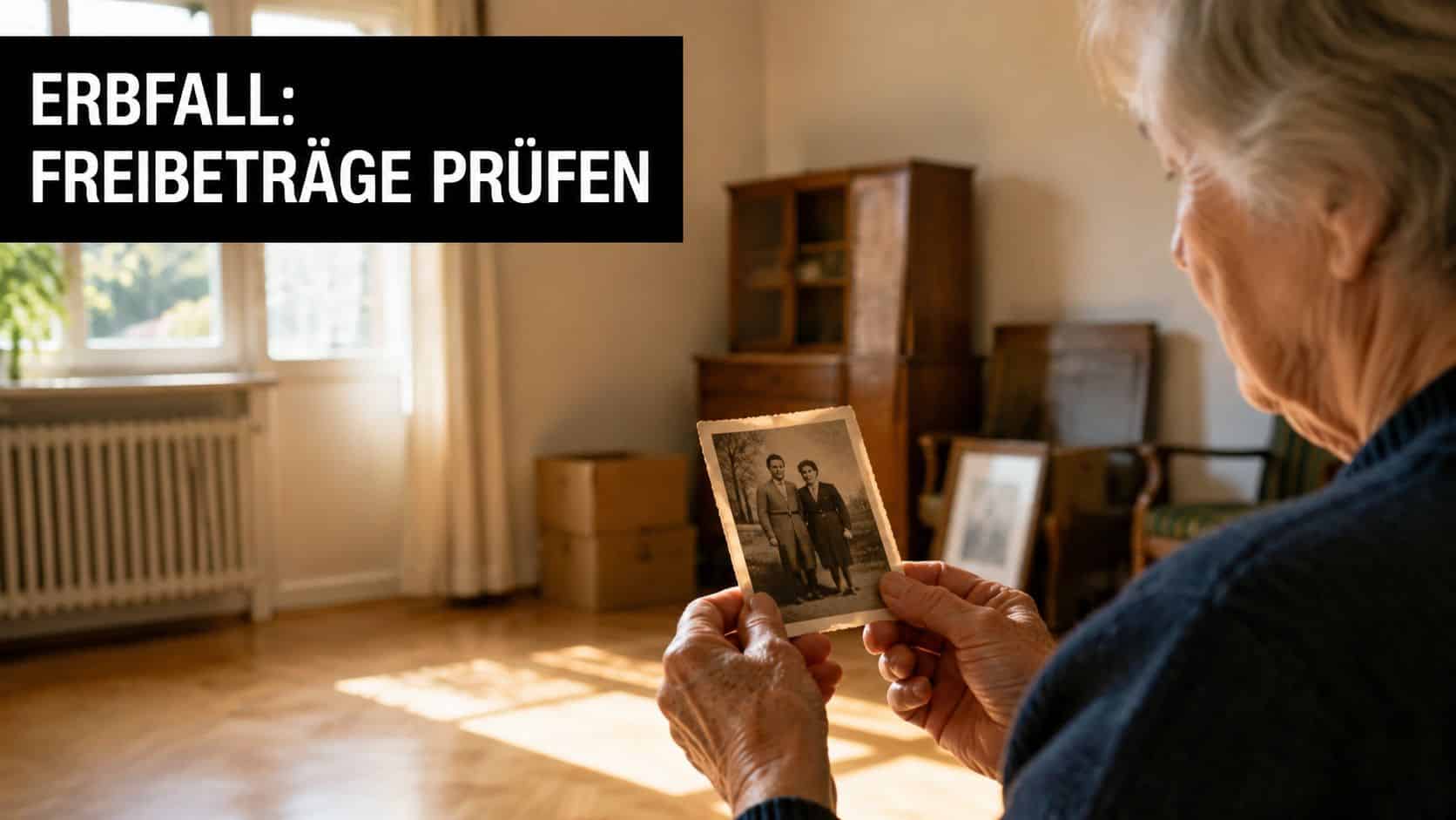 Eine ältere Frau betrachtet nachdenklich ein altes Schwarz-Weiß-Foto in einem leeren, lichtdurchfluteten Raum mit Umzugskartons.