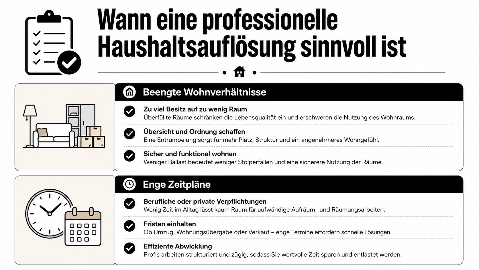 Eine Infografik erklärt, warum eine professionelle Haushaltsauflösung bei Platzmangel oder Zeitdruck sinnvoll ist.