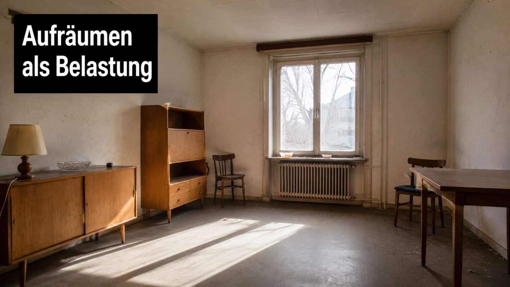Ein helles, spärlich eingerichtetes Zimmer mit alten Holzmöbeln, das einen Eindruck von Ordnung und Leere vermittelt.
