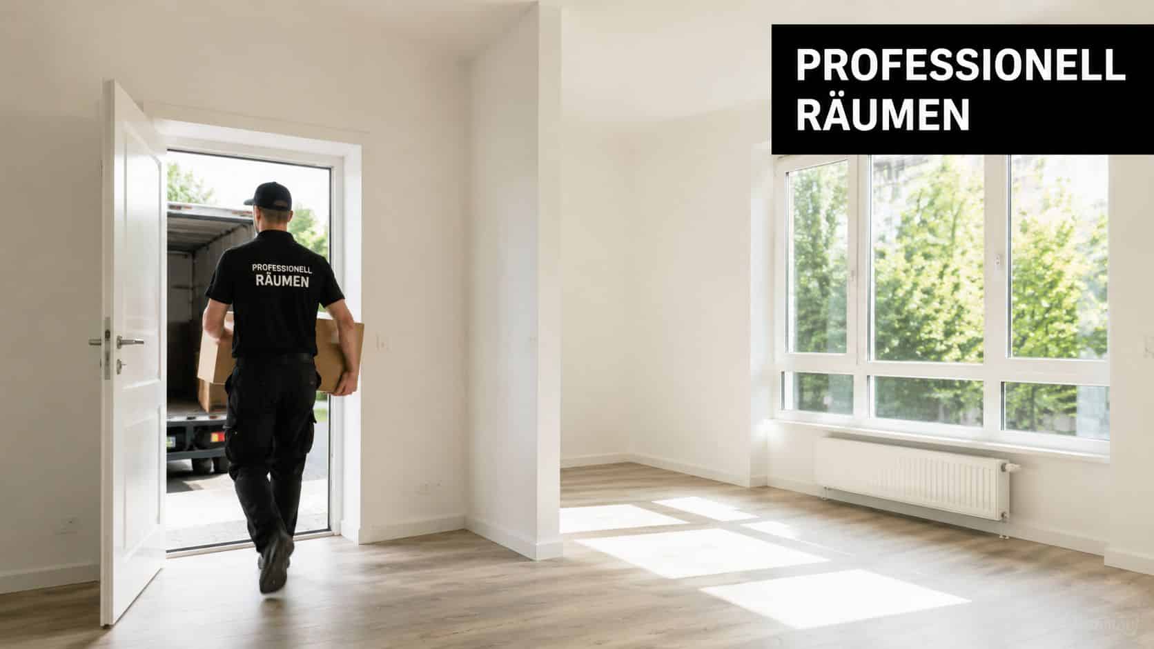 Ein professioneller Möbelpacker trägt Umzugskartons aus einer leeren Wohnung heraus in den bereitstehenden Lieferwagen vor dem Gebäude.