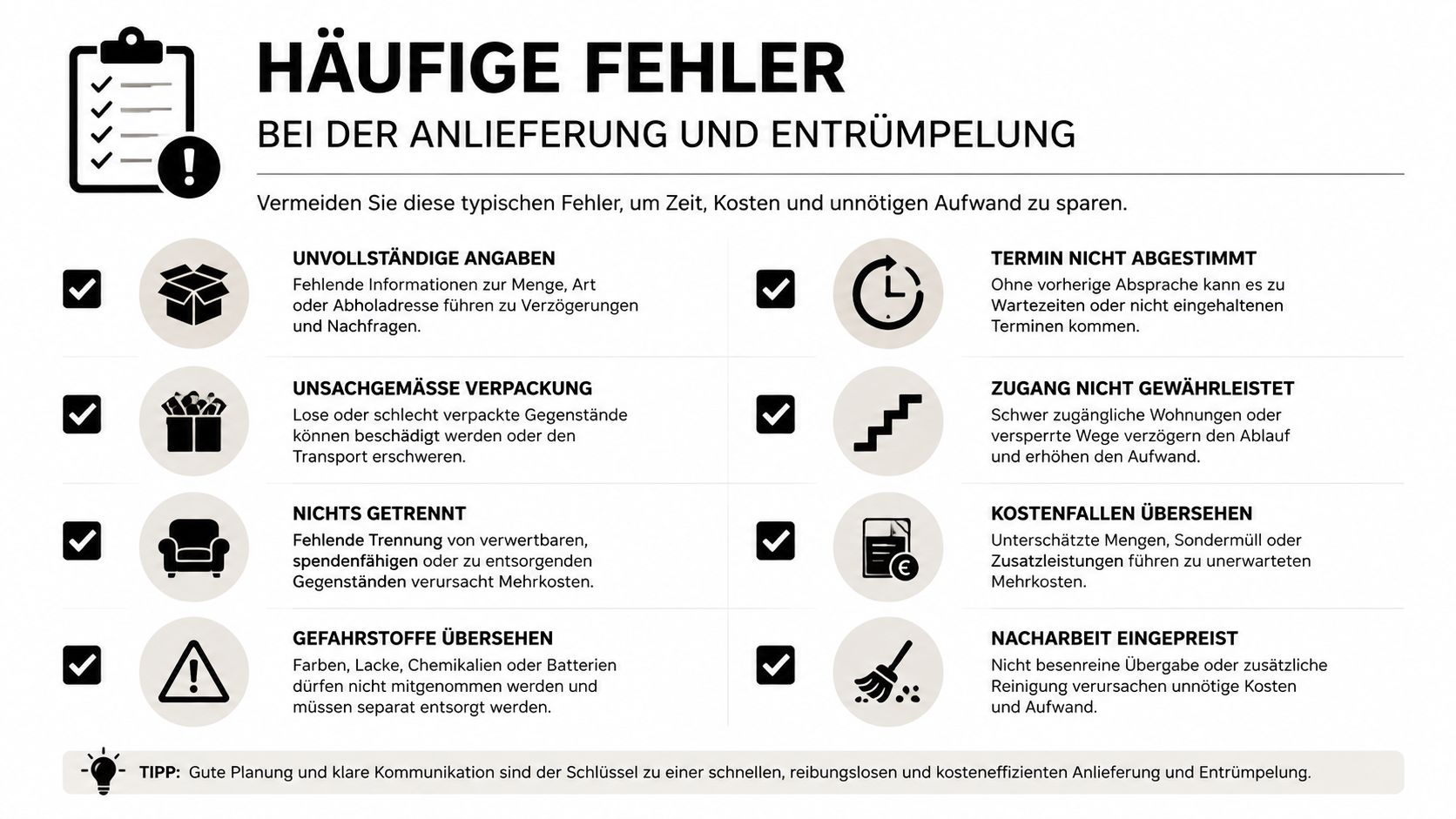 Eine Infografik mit Tipps zur Vermeidung häufiger Fehler bei der Anlieferung und Entrümpelung von Gegenständen.