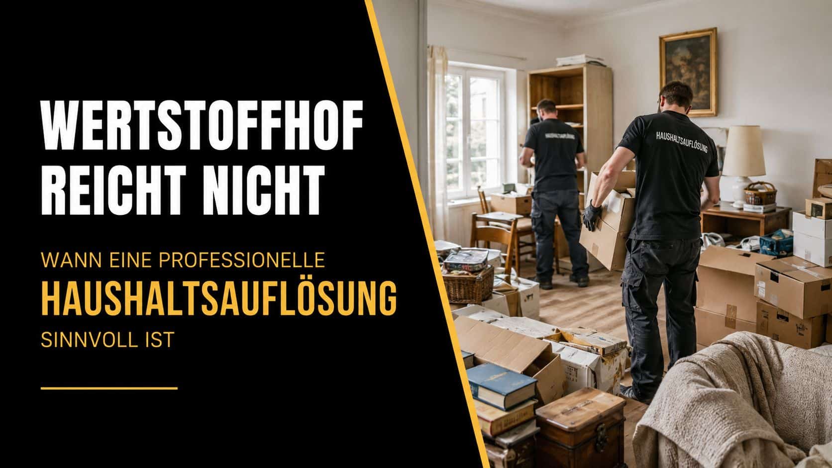 Zwei Mitarbeiter bei einer professionellen Haushaltsauflösung in einer Wohnung mit vielen Umzugskartons und persönlichen Gegenständen.