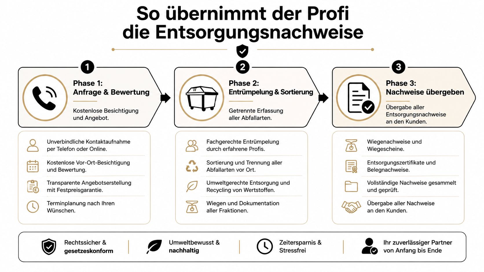 Infografik zum professionellen Ablauf der Entsorgung und Übergabe rechtssicherer Entsorgungsnachweise für Unternehmen und Privatkunden.