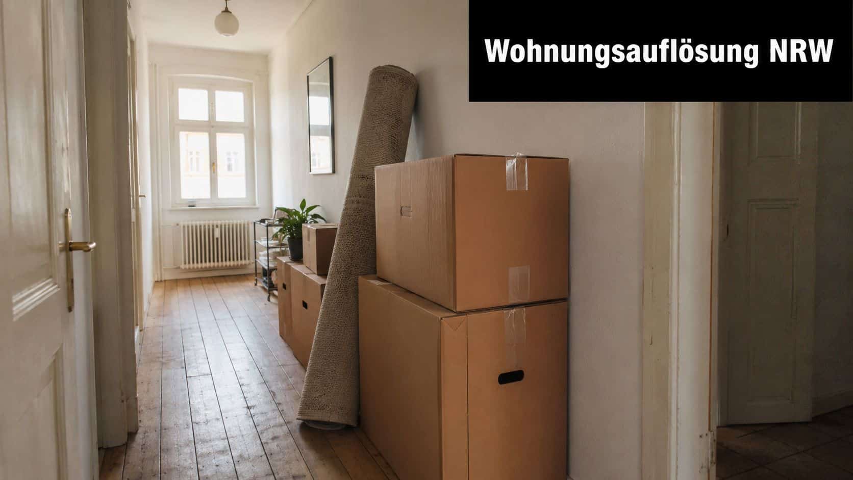 Ein Flur mit Umzugskartons, zusammengerolltem Teppich und Pflanzen während einer Wohnungsauflösung in einer leeren Wohnung.
