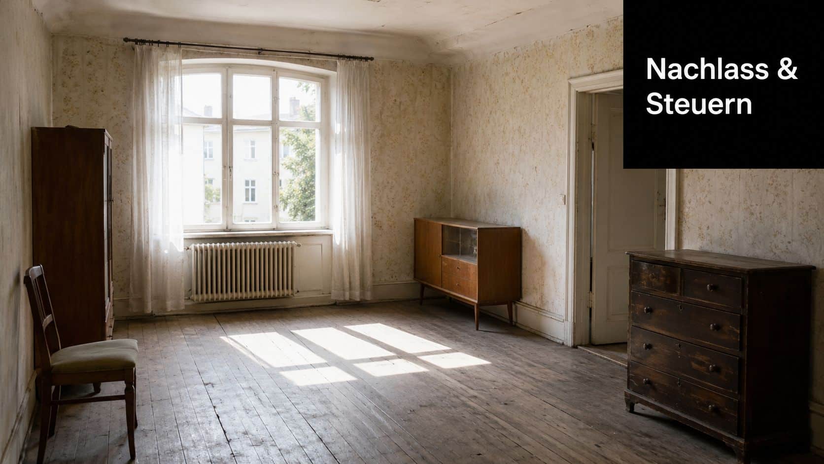 Ein leerer, sonnendurchfluteter Raum mit alten Holzmöbeln, einem Stuhl und einer Tapete in einer Altbauwohnung.
