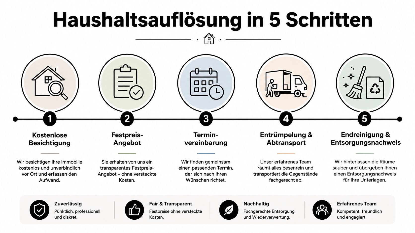 Eine Infografik erklärt den 5-Schritte-Prozess einer Haushaltsauflösung von der Besichtigung bis zur professionellen Entsorgung und Reinigung.