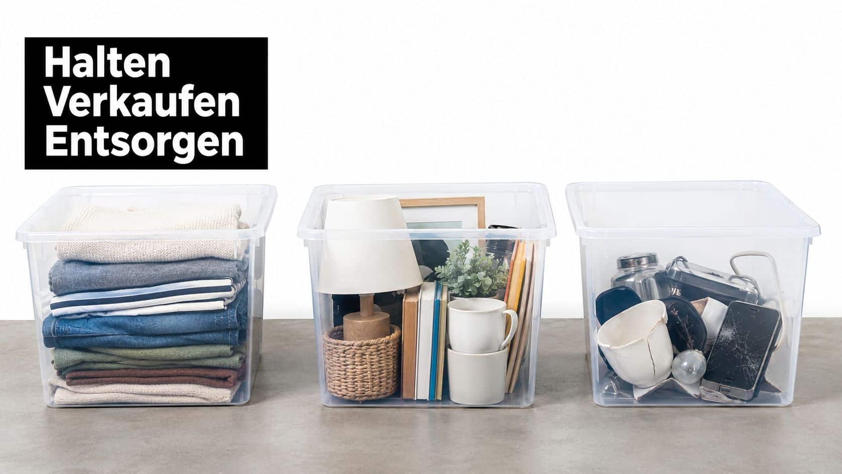 Drei durchsichtige Kunststoffboxen mit Kleidung, Wohnaccessoires und defekten Gegenständen für Ordnung und Haushaltsauflösung oder Entrümpelung.