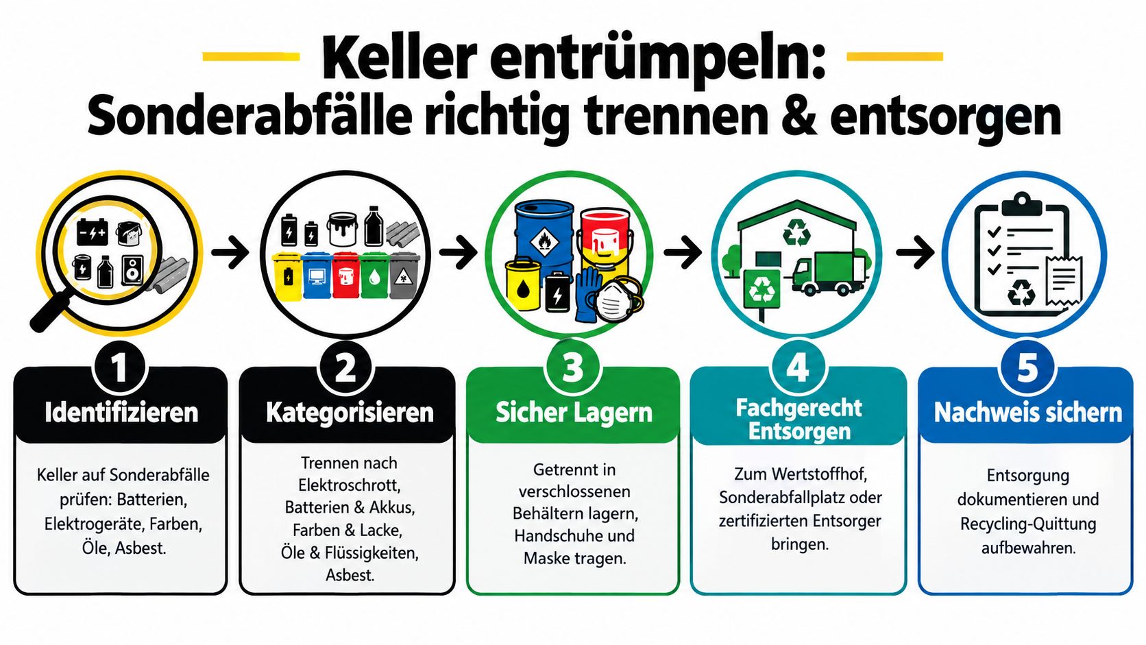 Eine fünfstufige Infografik erklärt die korrekte Trennung und Entsorgung von Sonderabfällen beim Aufräumen des Kellers.