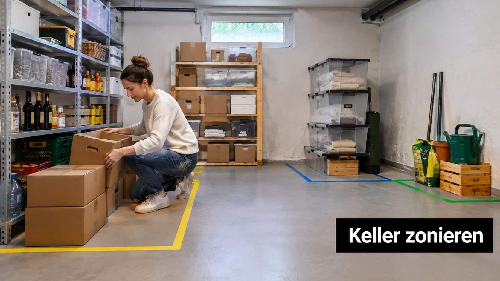 Eine junge Frau ordnet in einem aufgeräumten Keller Kartons in einem mit Klebeband markierten gelben Bereich.