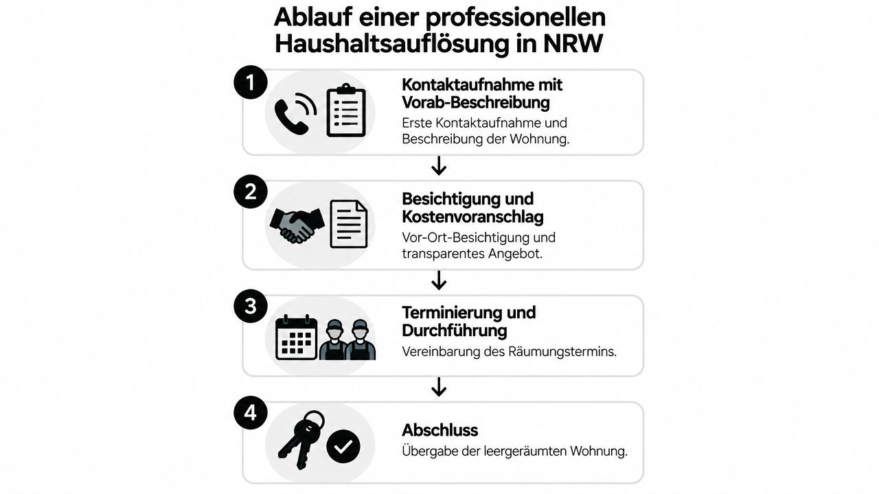 Ein Diagramm mit vier Schritten zur professionellen Haushaltsauflösung von der Kontaktaufnahme bis zur Schlüsselübergabe in Nordrhein-Westfalen.