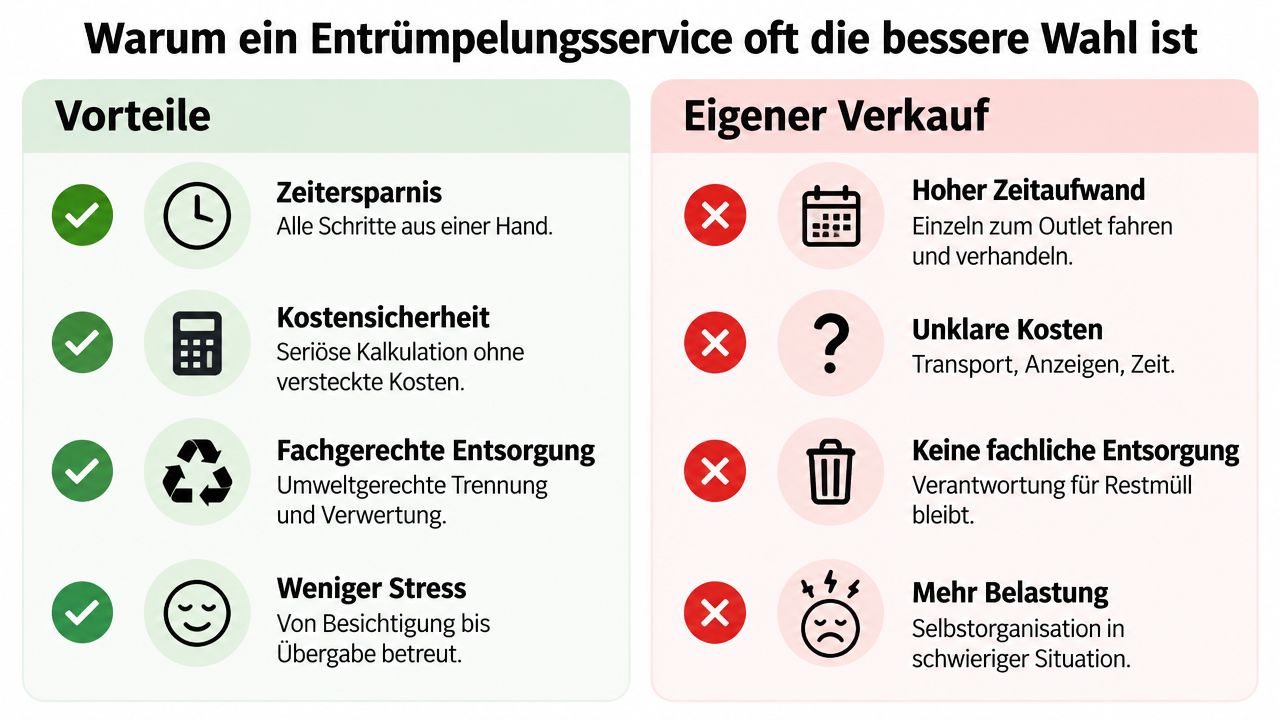 Ein grafischer Vergleich, der die Vorteile eines professionellen Entrümpelungsservices gegenüber dem eigenhändigen Verkauf von Gegenständen darstellt.