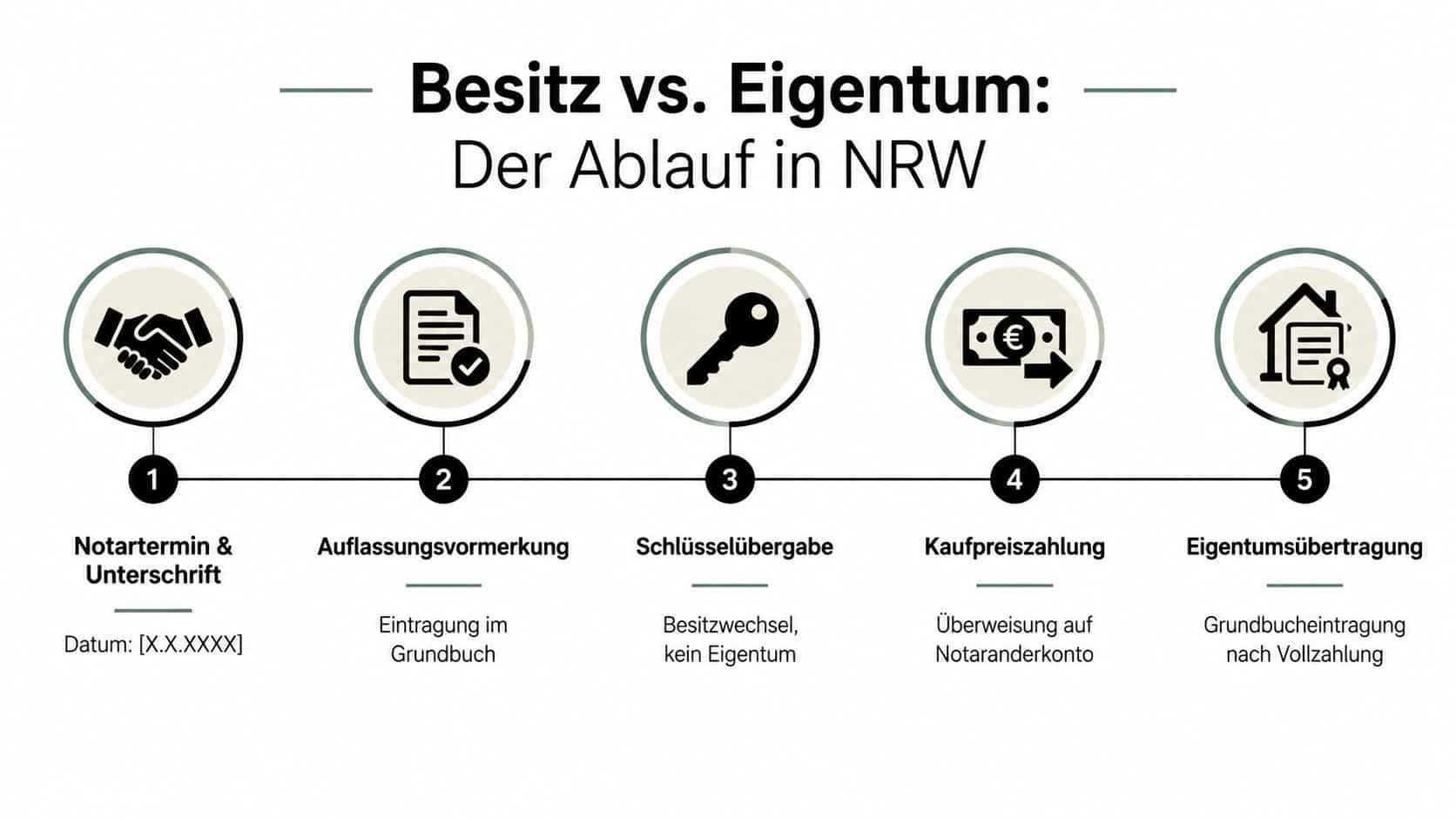 Grafische Darstellung des fünfstufigen Ablaufs von Eigentumsübertragungen bei Immobilienkäufen in Nordrhein-Westfalen inklusive Erläuterungen.