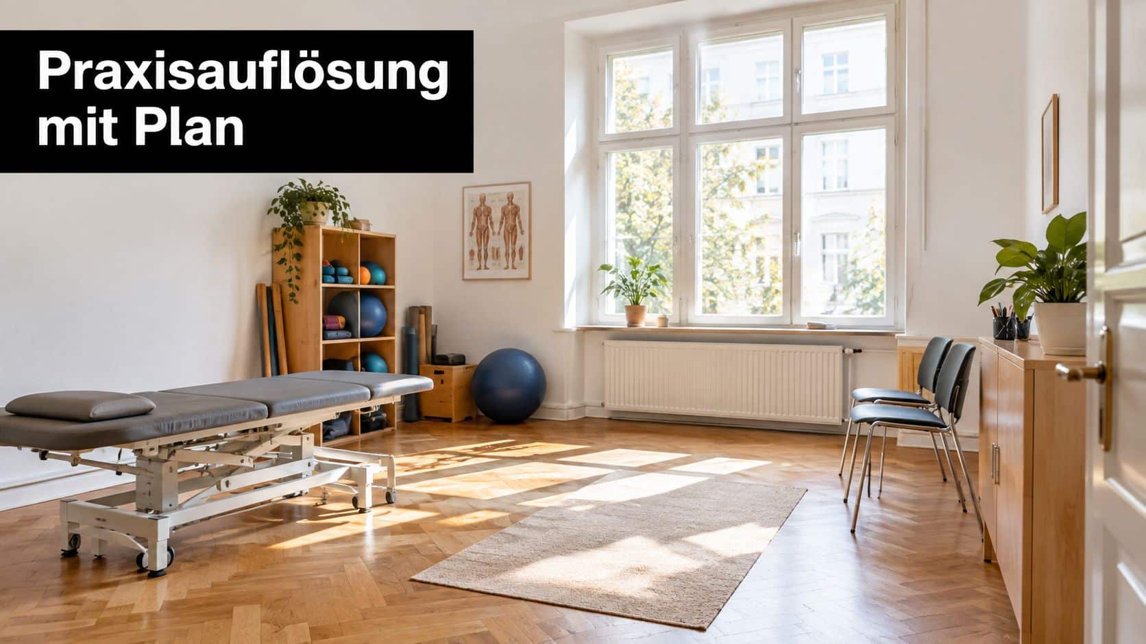 Ein heller Praxisraum mit einer Behandlungsliege, Stühlen und Trainingsgeräten für eine Ergotherapie oder Physiotherapie Praxis.