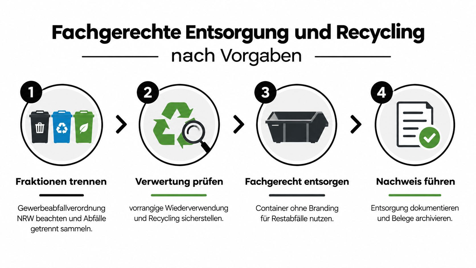 Eine Infografik zur fachgerechten Entsorgung und zum Recycling in vier Schritten gemäß den gesetzlichen Vorgaben in NRW.