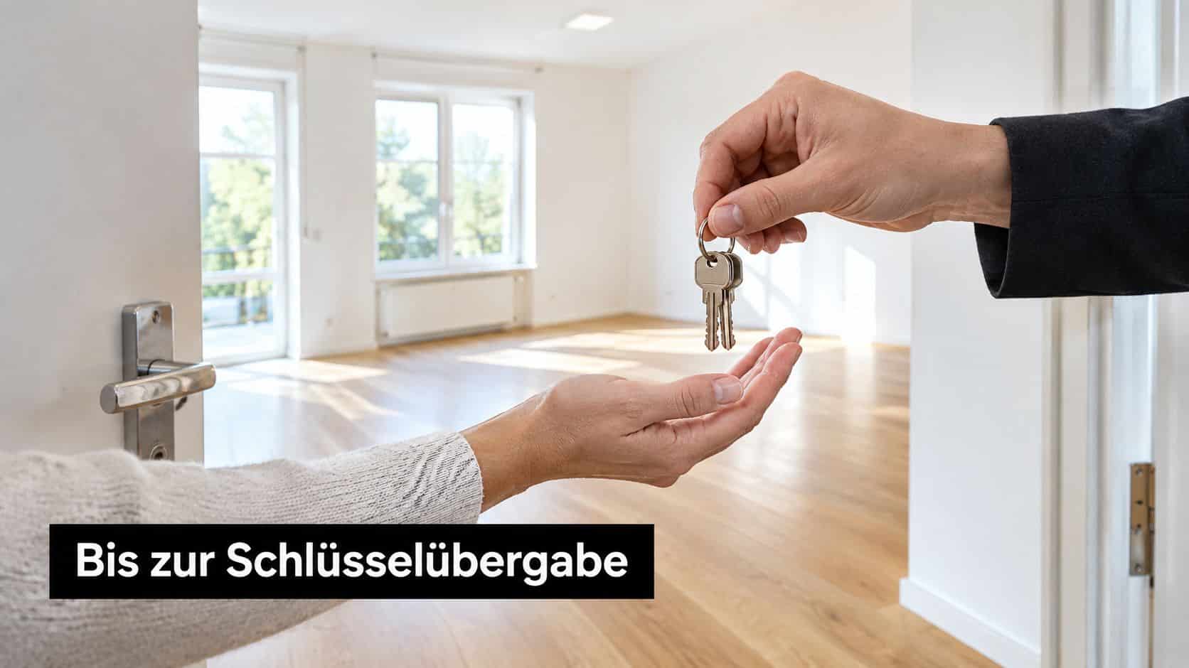 Eine Person überreicht einer anderen Person Schlüssel für eine leere, frisch renovierte Wohnung zur Schlüsselübergabe.