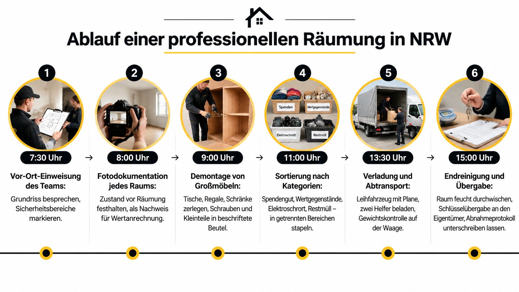 Grafik zum Ablauf einer professionellen Wohnungs- oder Büroauflösung in Nordrhein-Westfalen mit sechs chronologischen Schritten.