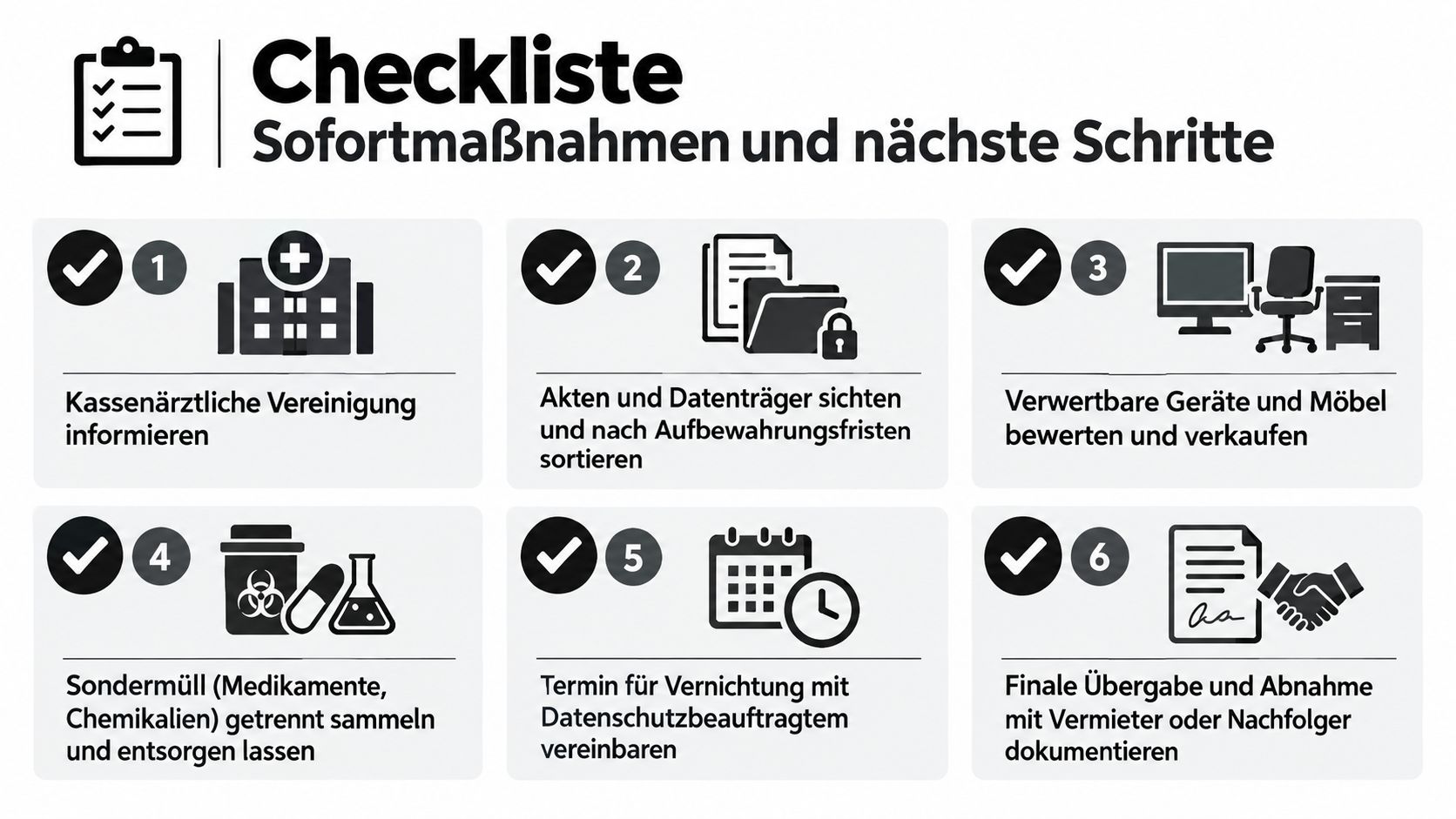 Eine Checkliste für die Praxisauflösung mit sechs Schritten von der KV-Informierung bis zur finalen Übergabe und Dokumentation.