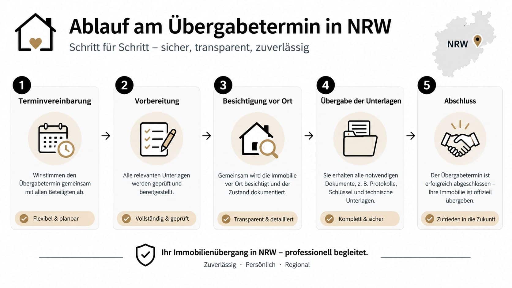 Grafische Darstellung des fünfstufigen Ablaufs einer professionellen Immobilienübergabe in Nordrhein-Westfalen Schritt für Schritt erklärt.