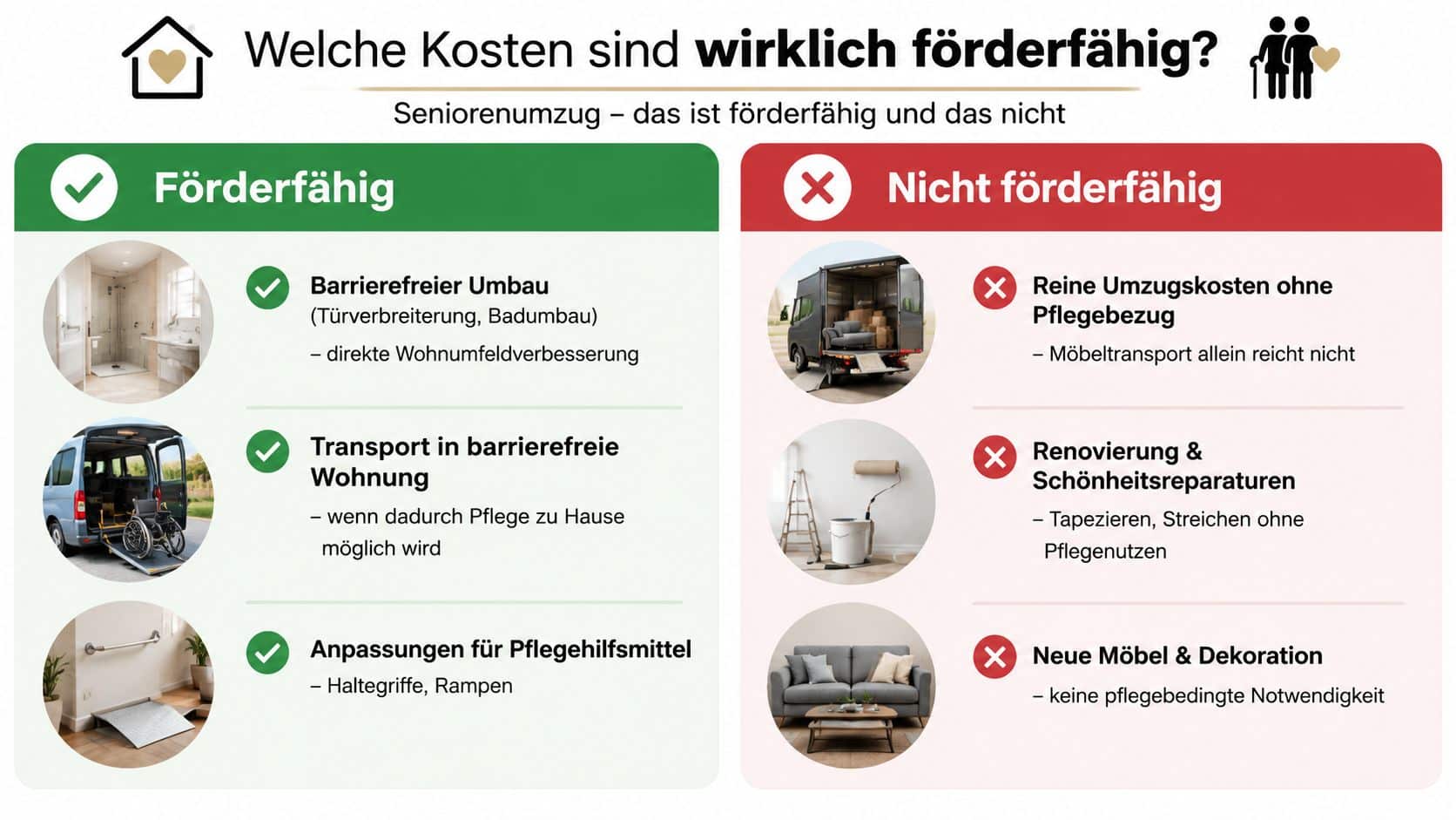 Übersicht zu förderfähigen und nicht förderfähigen Kosten bei einem Seniorenumzug für eine bessere Wohnraumanpassung im Alter.