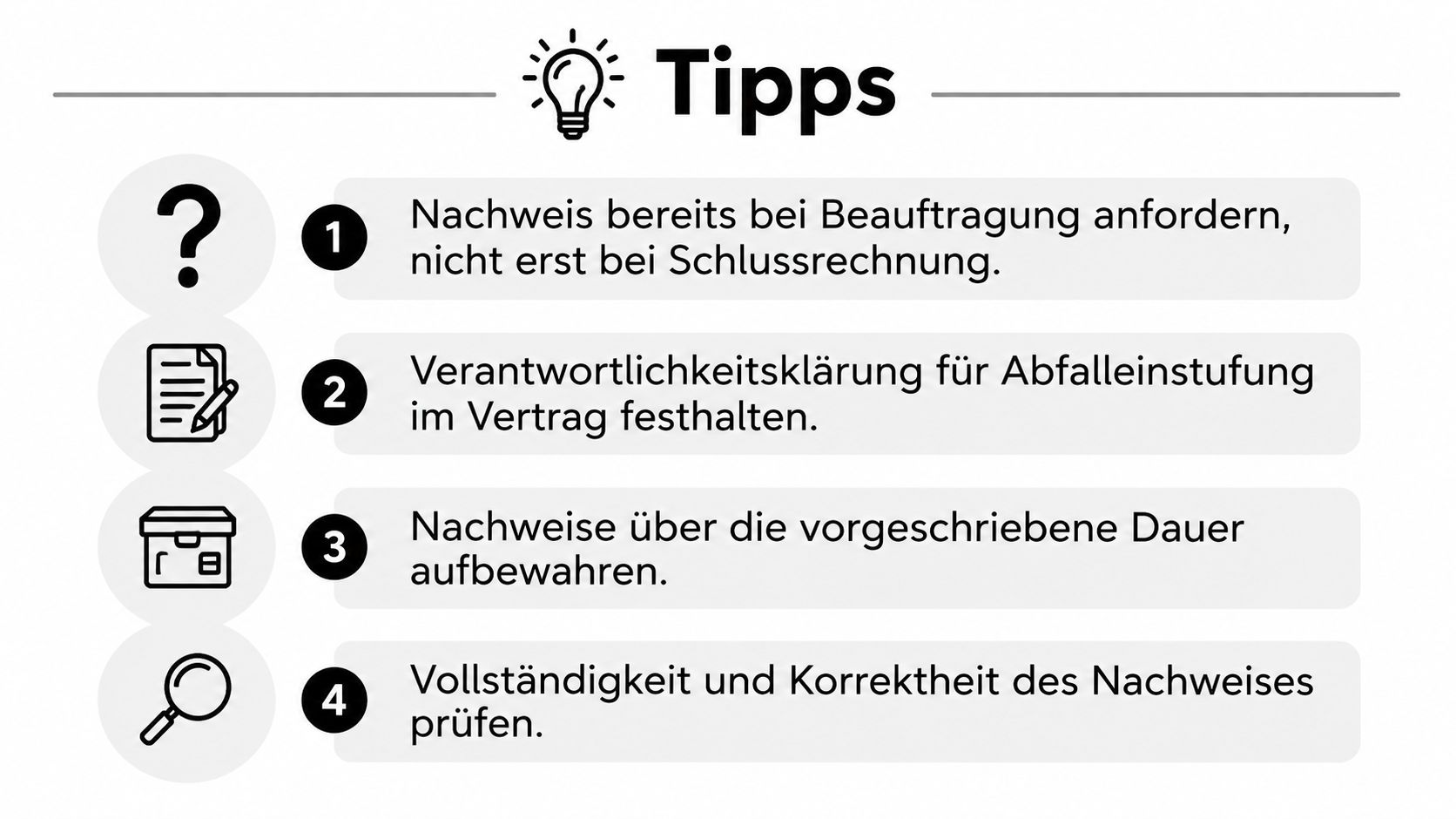 Eine Infografik mit vier Tipps zum Umgang mit Entsorgungsnachweisen für Abfälle im professionellen Kontext.